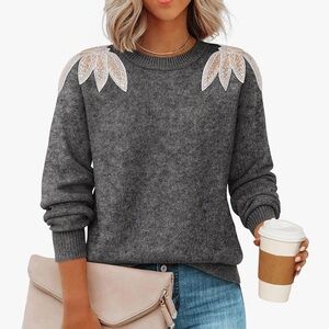 Gray Sweater with Beaded Shoulder Accents